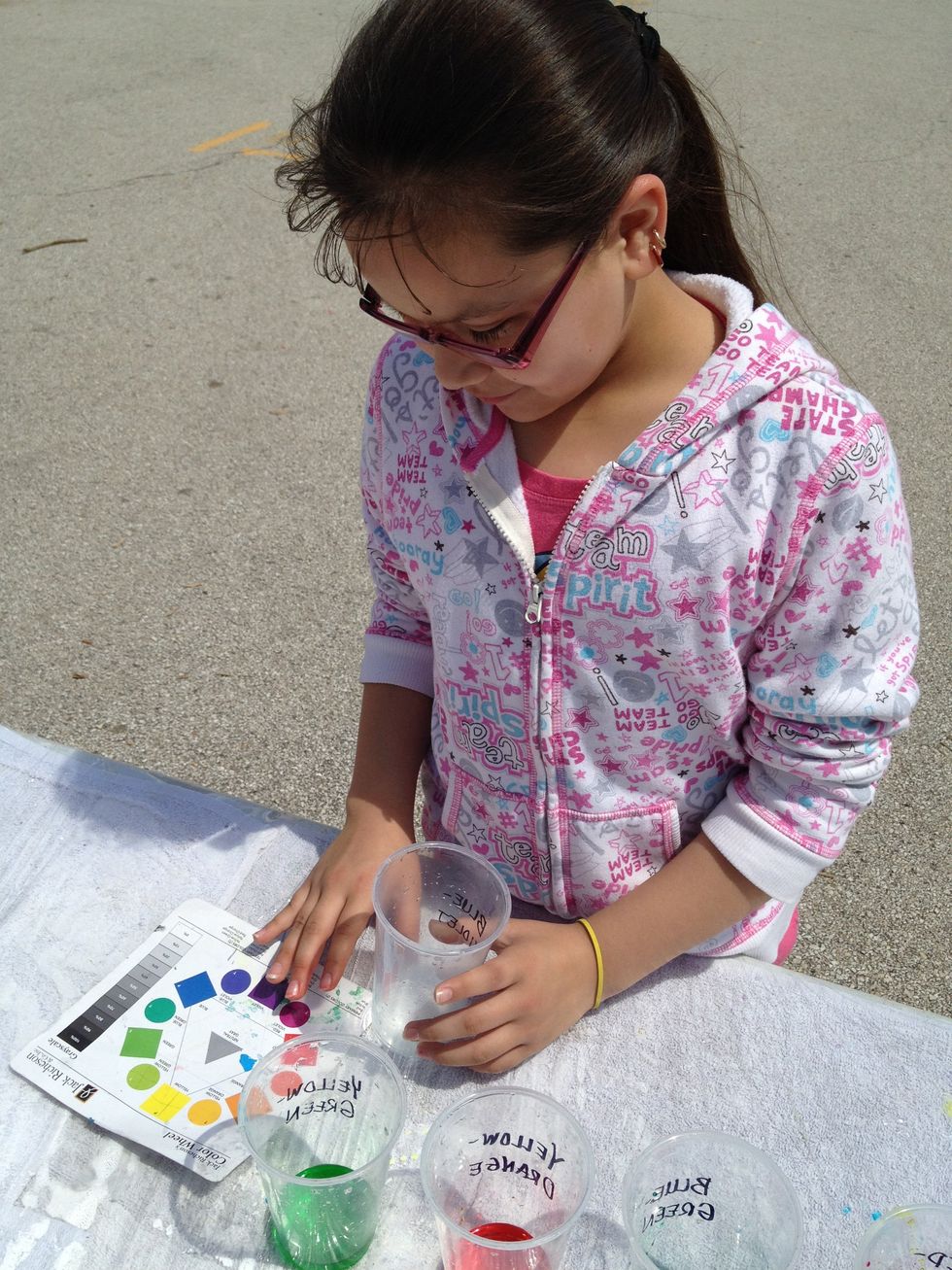 Directions for game play: On teachers signal, one student at a time from each team runs to table and chooses one tertiary color to mix. The color wheel comes into play here.