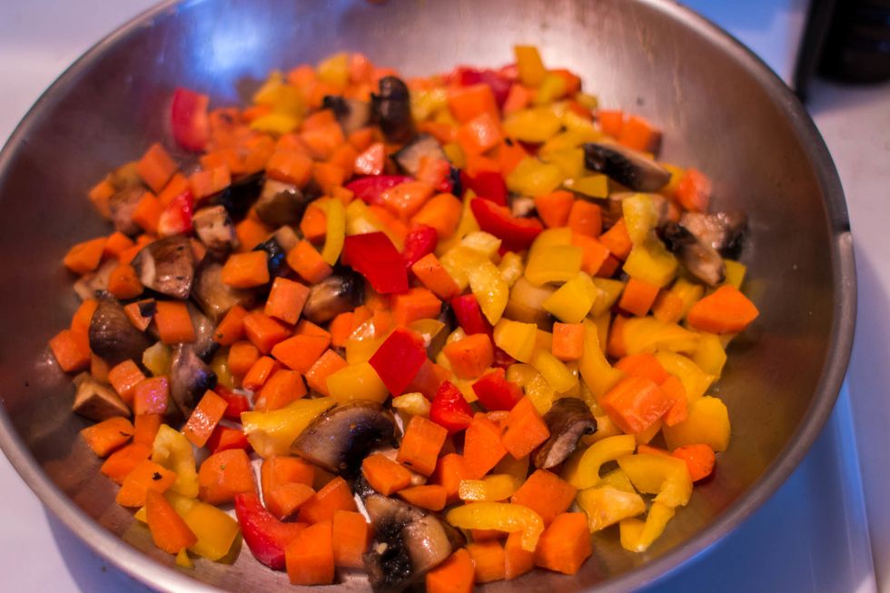 Dirty another pan and sautee the peppers, mushrooms and carrots. If someone else is cleaning, dirty more pans just for the hell of it.