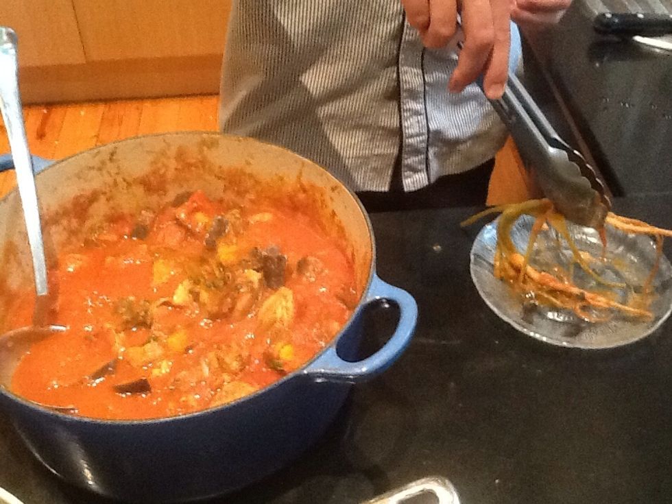 Discard any coriander roots as they have already infused the curry and do no longer provide flavour