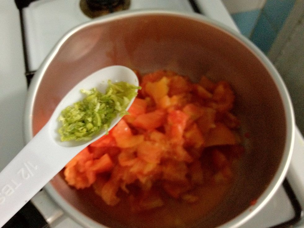 Discard the excess water in a saucepan and put the sliced tomatoes in. In a low to medium heat. add in lime zest (from 1 small to medium lime ...