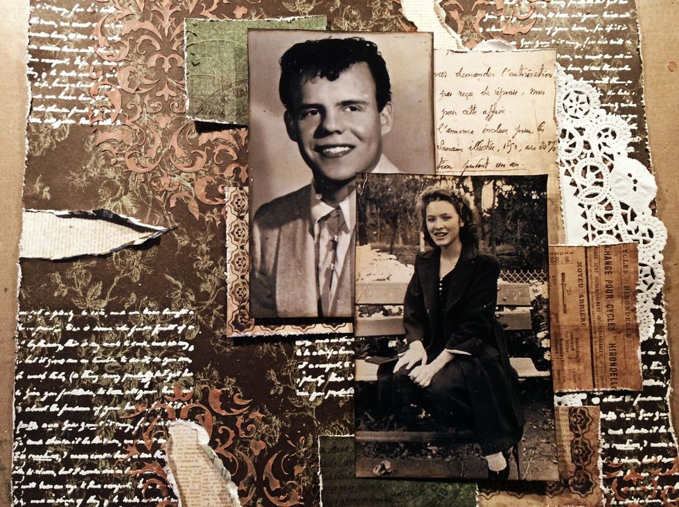 Distress pieces of  ephemera to layer around your photos. I glue pieces of thick cardboard under my photos first to lift them a bit which then allows for room to add your ephemera. Glue down.