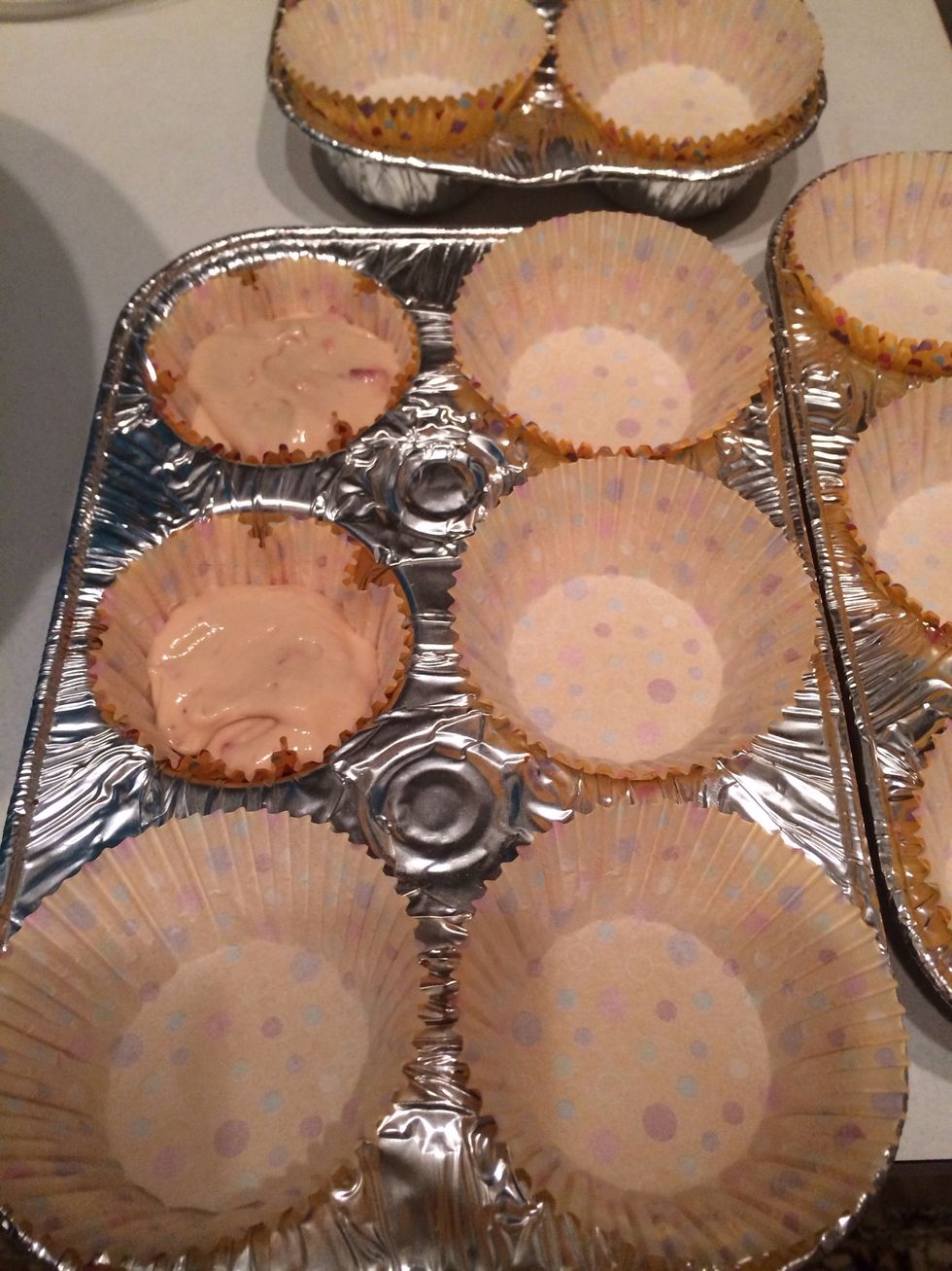 Distribute batter onto the muffin wells. Bake in preheated oven for 18-22 min or until tops of cakes spring back when slightly touched.