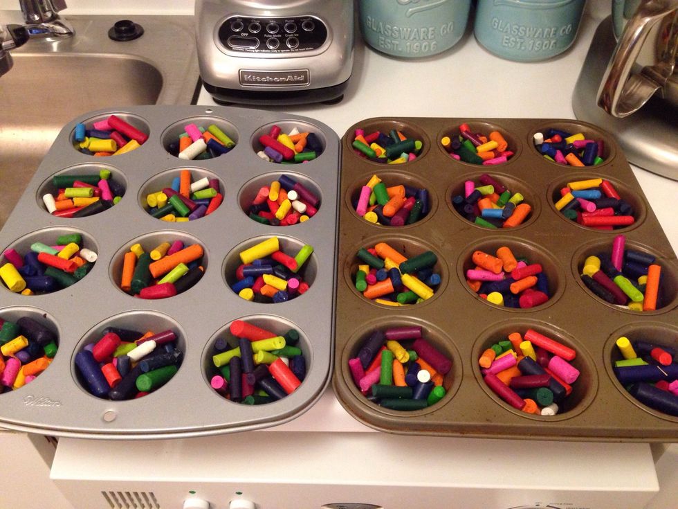 Distribute crayon pieces evenly amongst muffin tins- try to mix up the colors- the brighter, the better!