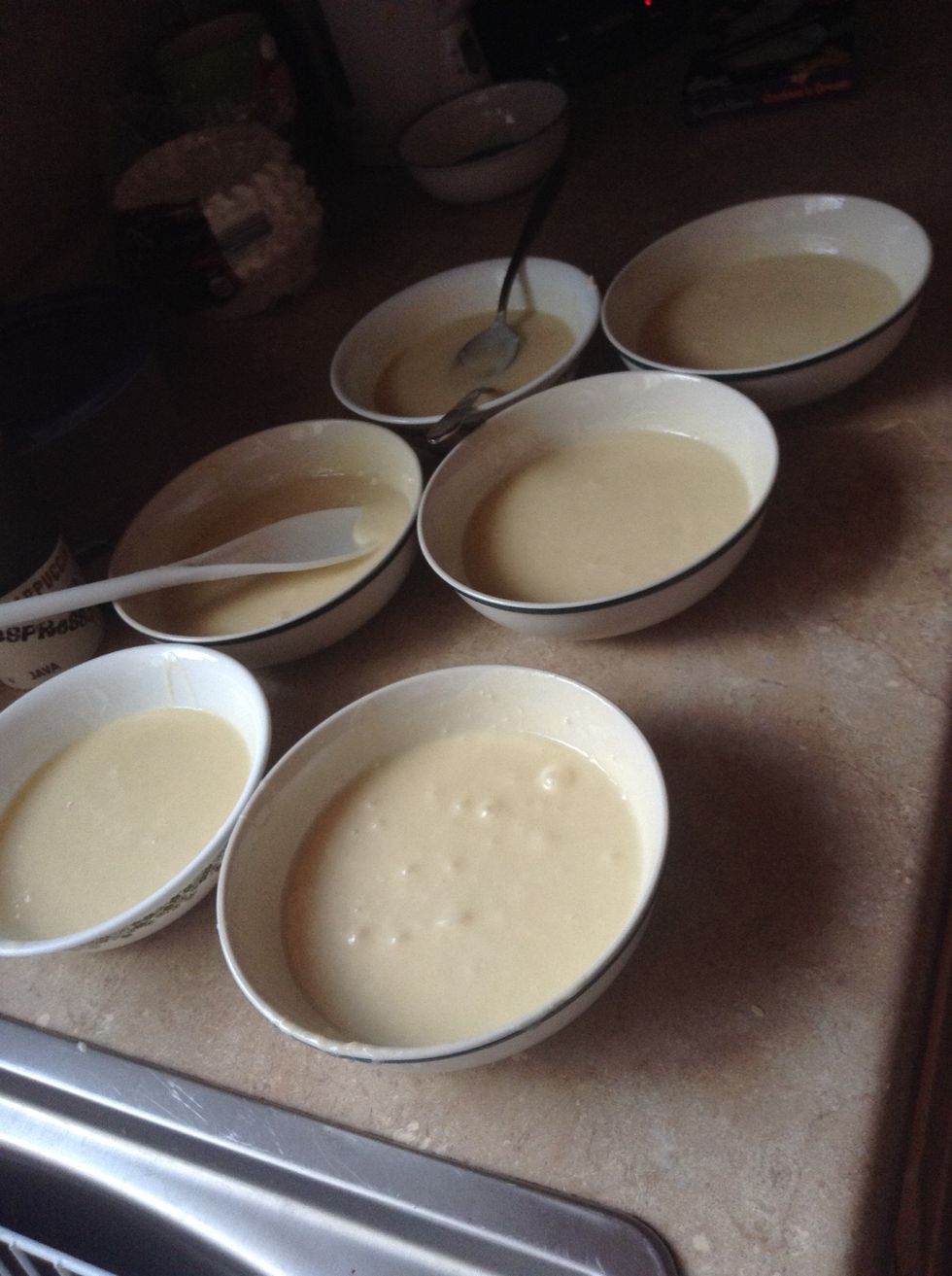 Divide batter evenly into 6 small bowls or cups