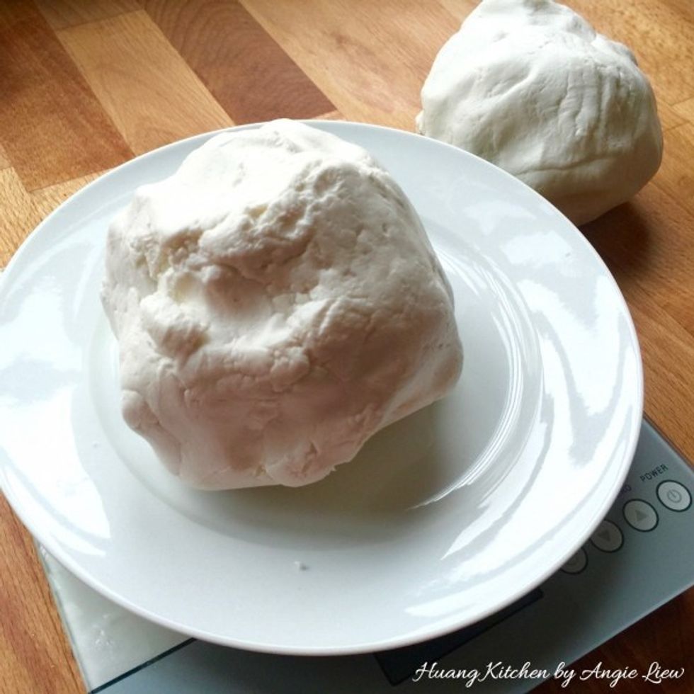 Divide dough into two equal portions and keep one half of the dough for white glutinous balls.