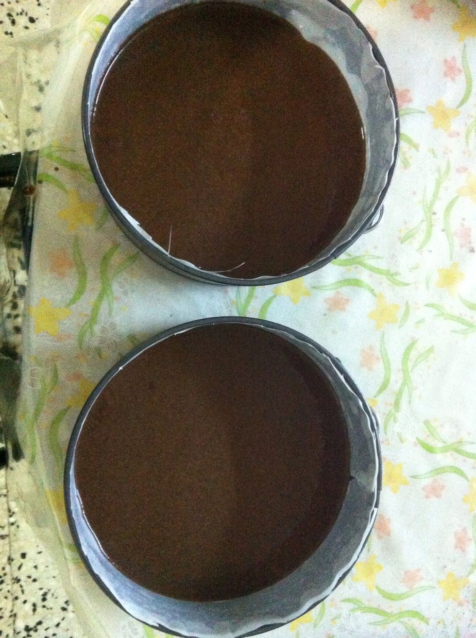 Divide evenly amongst the 2 pans and bake in the preheated oven for 35-40 minutes or untill a skewer or knife inserted in the center comes out clean.