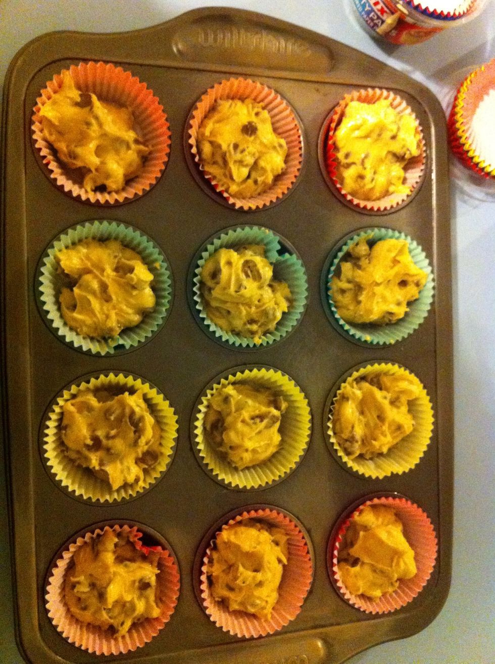 Divide into the pans and bake at 180\u2022c for about 20-30 minutes- or until golden.