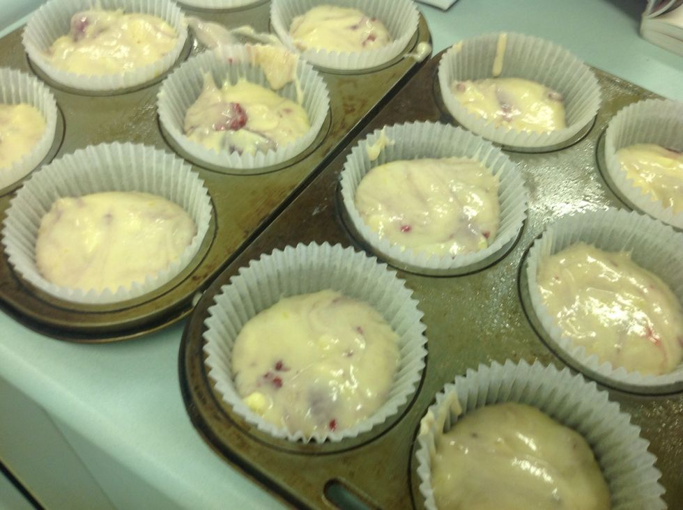 Divide mixture equally into your patty pans. You should be able to make 12 muffins