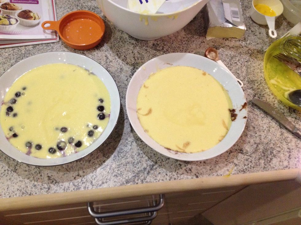 Divide the batter into two. Add blueberry in one half and the banana/cocoa in the other