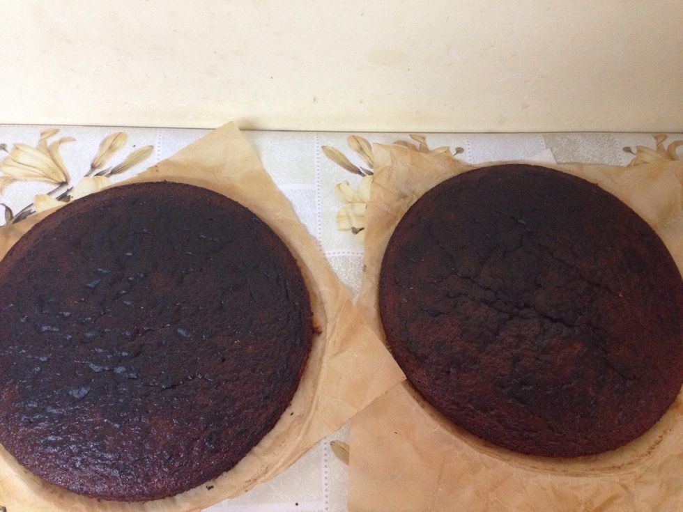 Divide the batter into two layers and bake at 360F preheated oven for about 20-25 minutes( check the readiness with inserting a toothpick into the sponge. If it comes out clean, the sponge is ready)