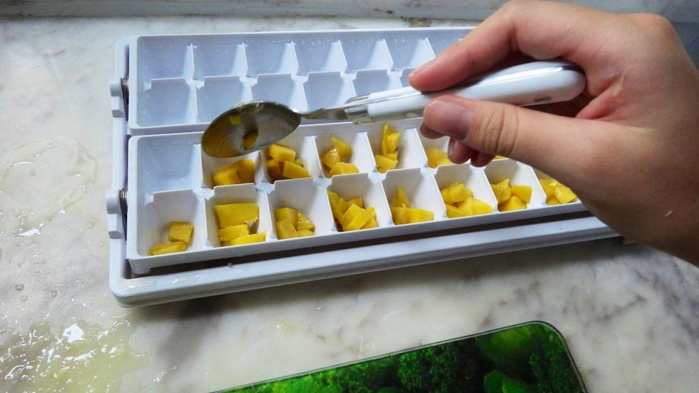 Divide the mango cubes among half of the ice cube tray.