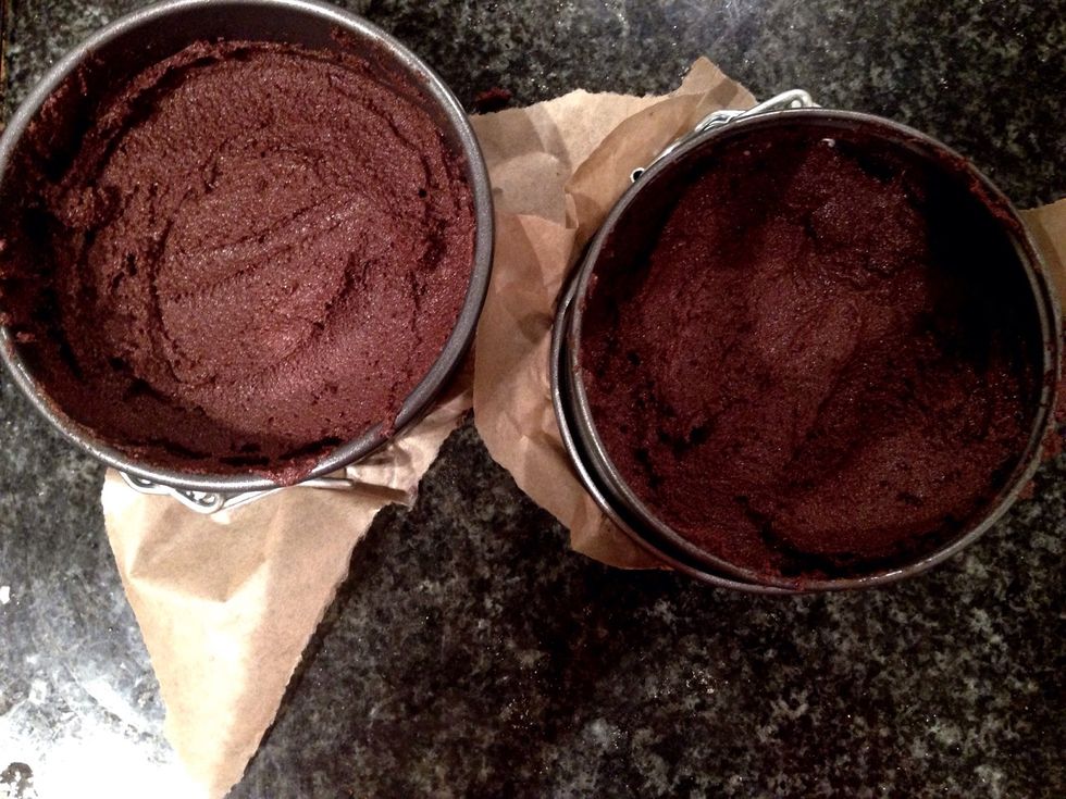 Divide the mix into two (small) round tins (you can use one big or a loaf pan).