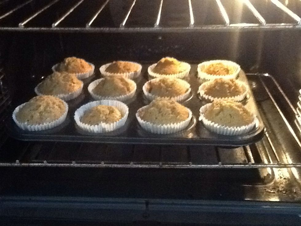 Divide the mixture into a 12-bun tin lined with muffin papers and bake for 15-20 minutes until risen and golden on top (you want a peak if possible).