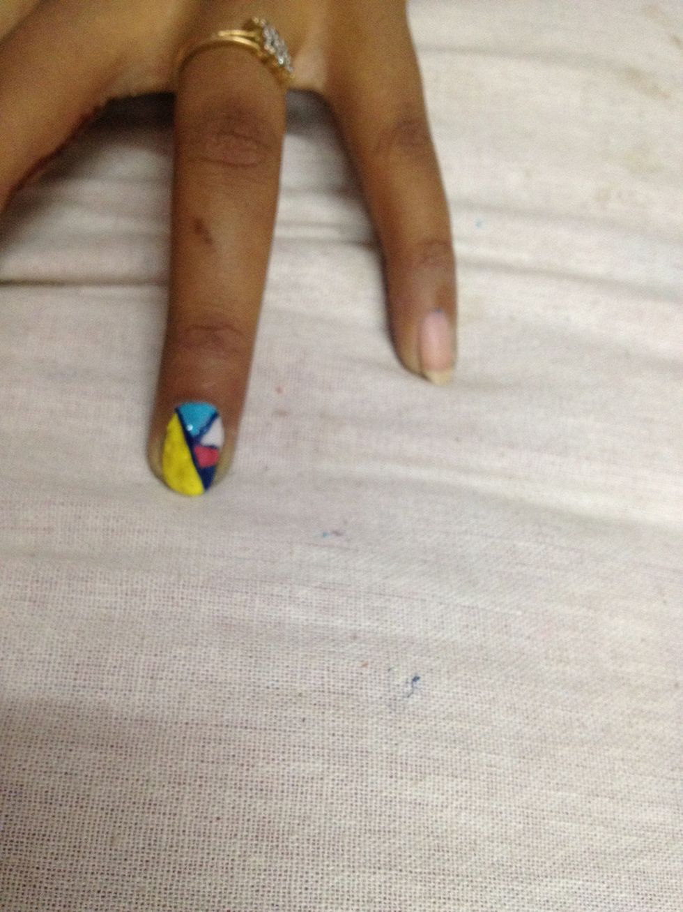 Divide the nail in random sections of random shapes!! Outline first then Fill in the colours!!