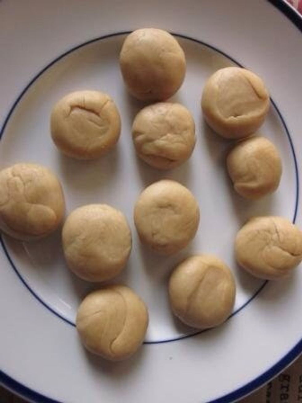Divide your chilled dough into 12 equal balls.   Dough: 3/4 cup all-purpose flour  3/4 cup whole wheat pastry flour  4 tablespoons butter, softened  1/4 teaspoon salt  ~3 tablespoons warm water
