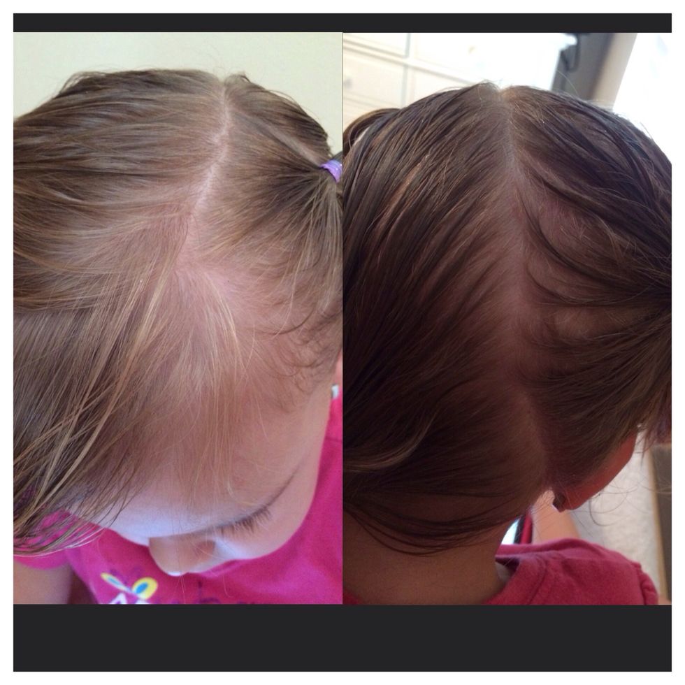 Do a diagonal part, starting from the left side, ending behind the right ear, and tie the right part with a rubber band, just to keep it out of the way