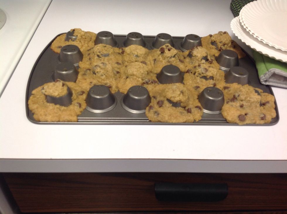 Do not use little muffin pan. And put eggs, baking soda and shorting in cookie dough recipe