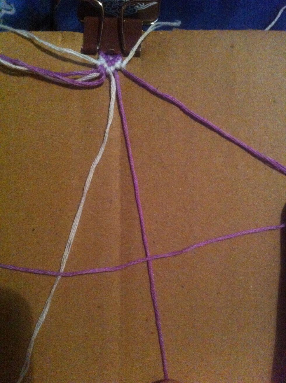 Do the same to the 3 rightmost strings, but this time do backward 4 knots.