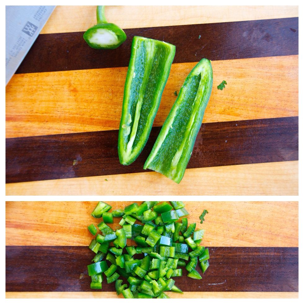 Do the same with the jalape\u00f1o. You can leave the seeds in if you prefer really spicy food. The heat in peppers is in the seeds. Dice the peppers in 1/8" dice so they are nice and small.