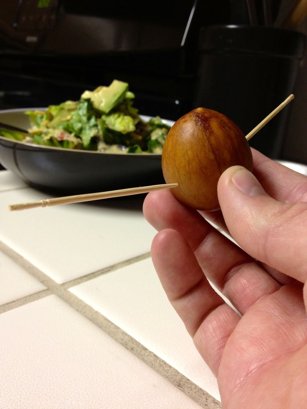 Do this again on the opposite side of the pit. You can keep the toothpicks straight or angle them up slightly.