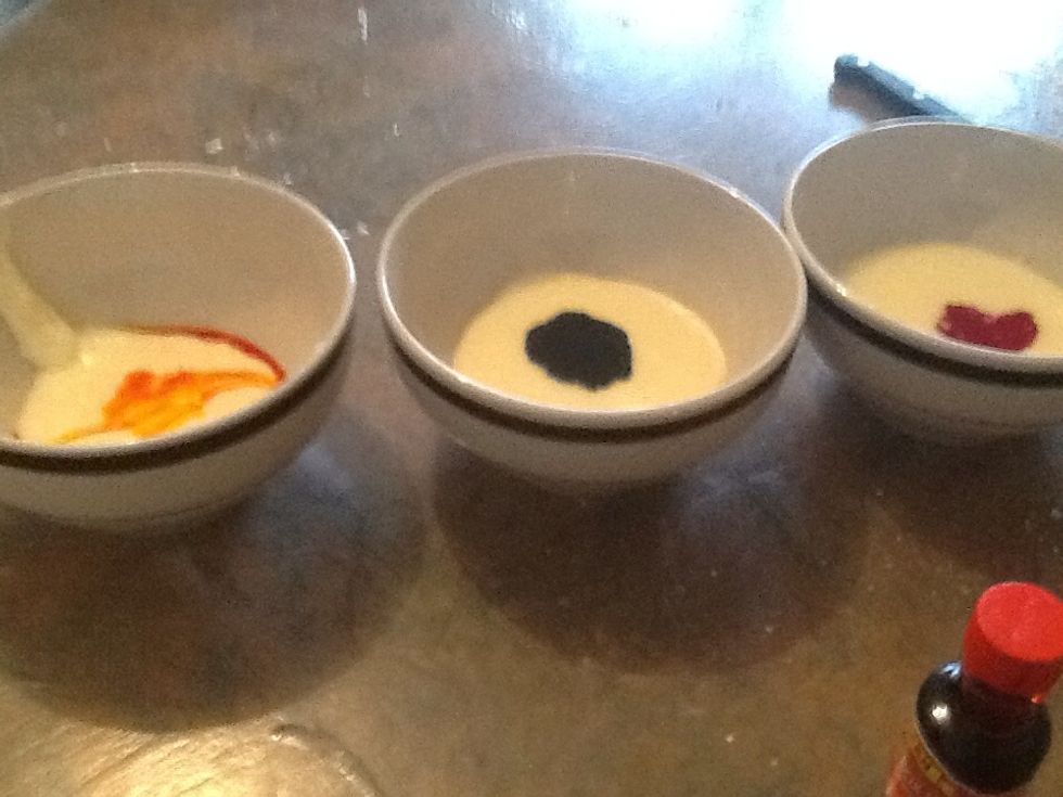 Do this three times then pour them into separate bowls add red food colouring in one( tomato sauce) Green food colouring in another (lettuce) and yellow food colouring into the last one (cheese)