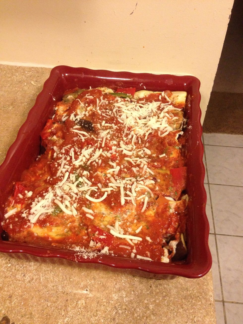 Do this until all gone, about three layer, Cook in oven about 45 mins, the cheese will be melted and it will be bubbling