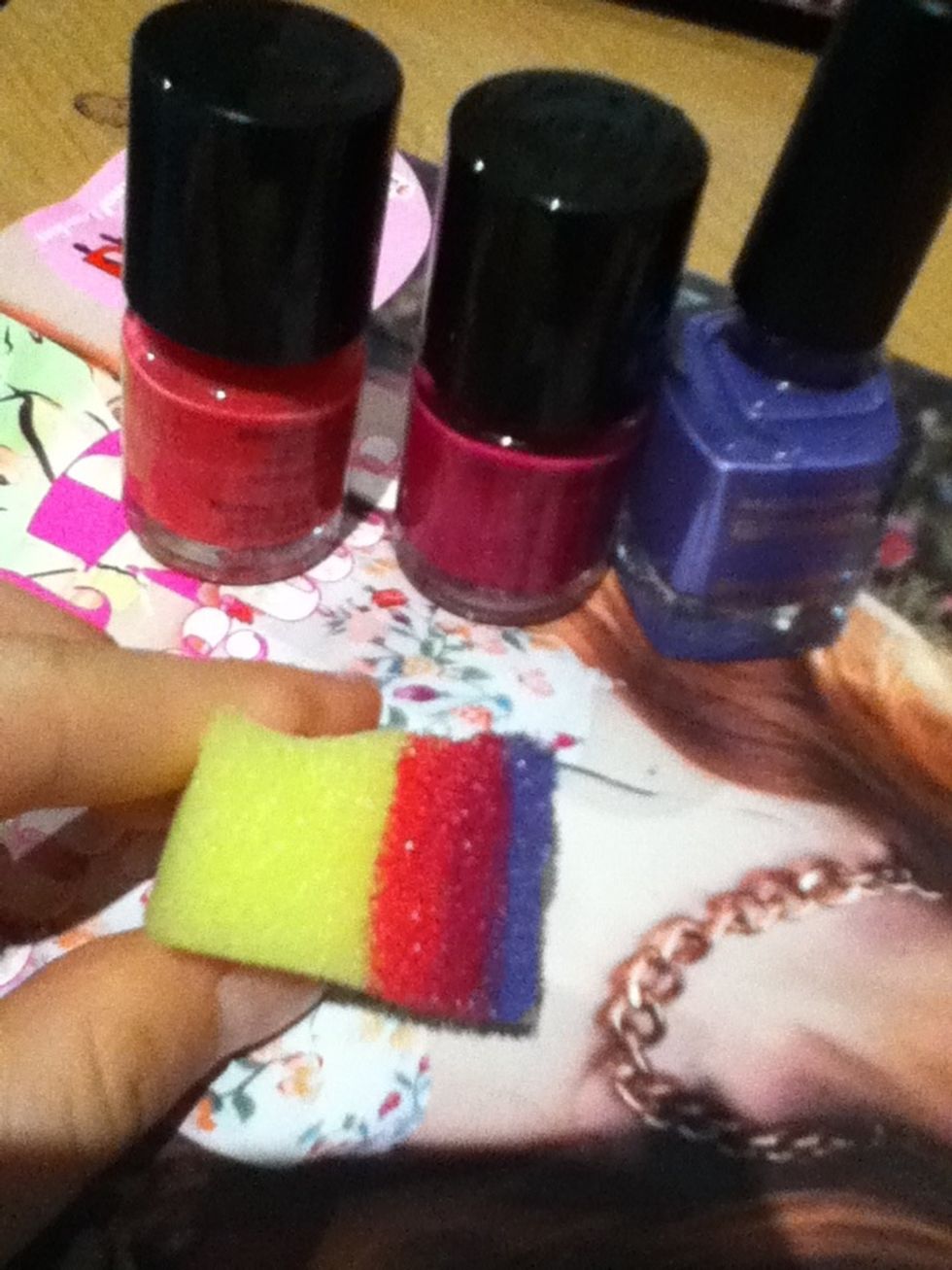 Do three strips of the colours you choose (you can do two colours as well) make sure you blend the colours together were they meet