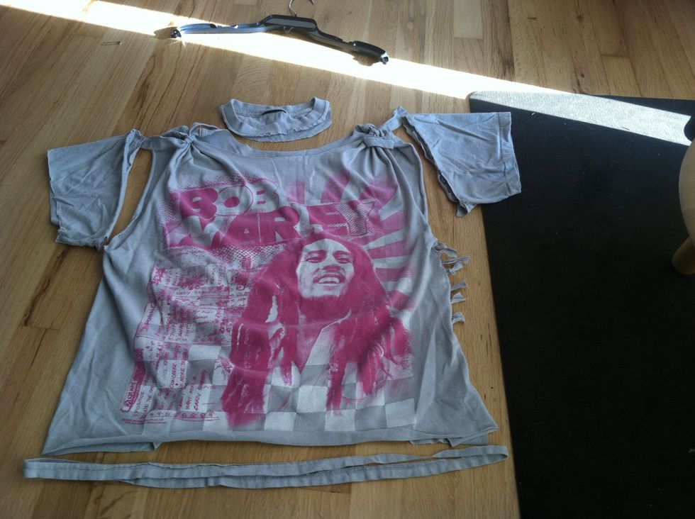 Don't be confused! It's a different shirt! I have already started this one but here is where I cut the sleeves, collar, and bottom off.