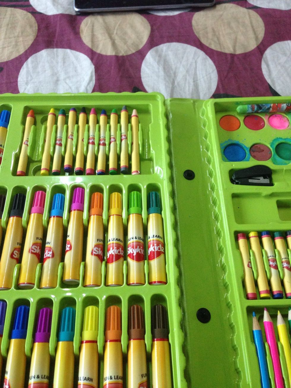 Don't forget sketch pens and crayons .