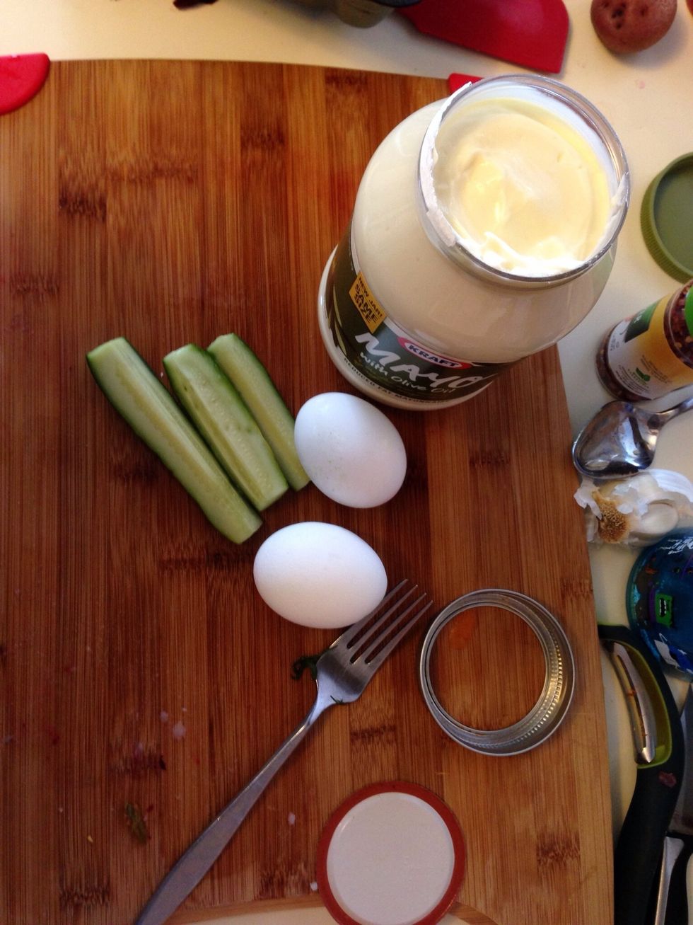 Don't forget the good stuff. Pickles, eggs and mayo. If you wanna go vegan, skip the egg and use vegannaise instead of mayo.