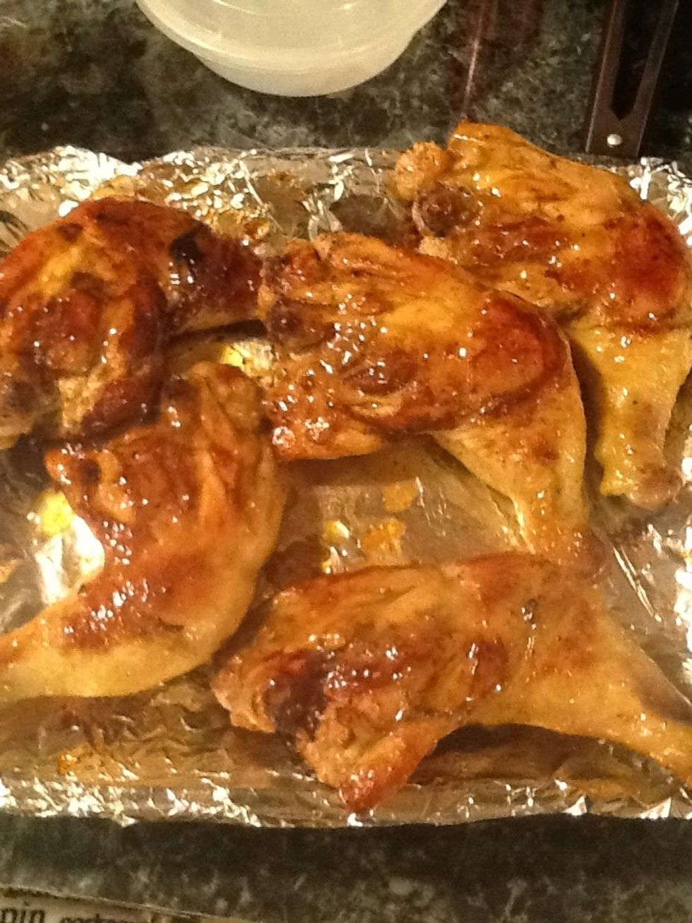 Don't forget the other side. Once all the sides are basted put it uncovered in the oven for about 30 minutes. Depending ofcourse how big or small your chicken pieces are!\ud83d\ude09