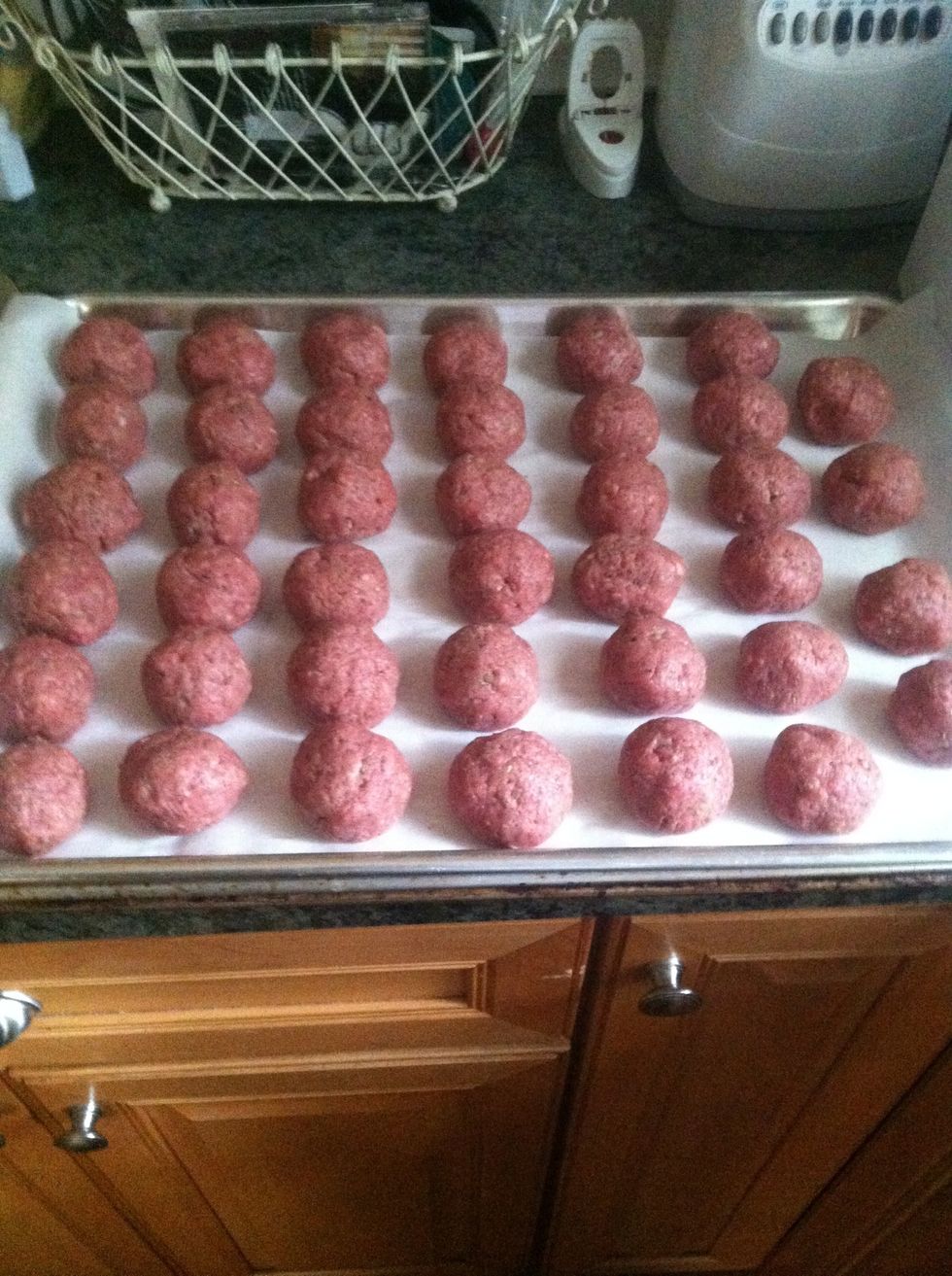 Don't they look perfect?!? I was able to get 40 meatballs out of this recipe, so the smaller you make them, the more you'll have, bigger=less.