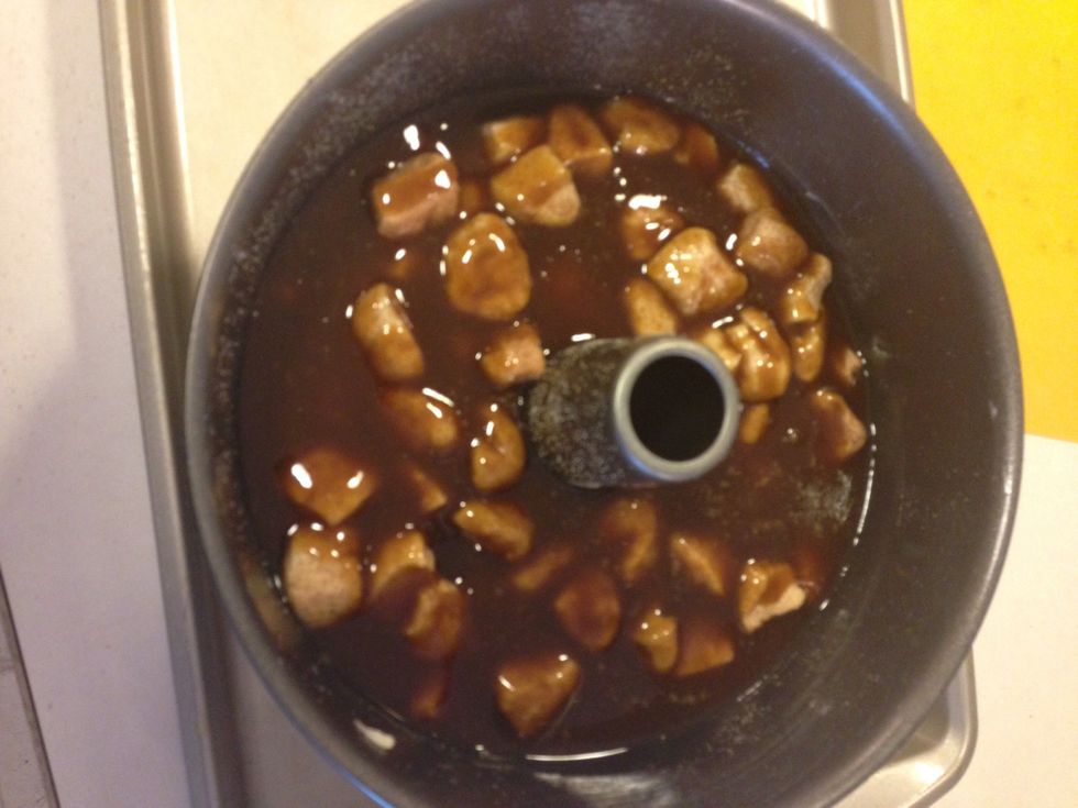 Don't worry it will all absorb into yummy deliciousness! And yes it's a ton of sugar and a once in a blue moon dessert! Put it in the oven on 350 for 35 minutes. Remove and let cool, it will be hot!