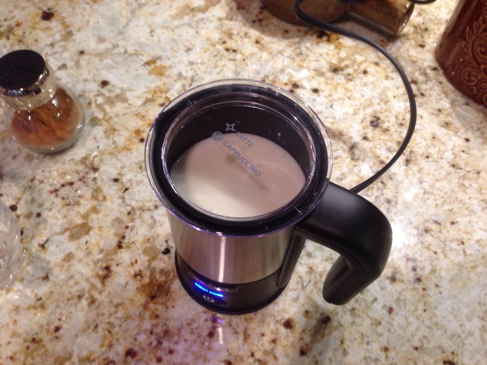 Done! Its ready when the frother stops automatically. (Any flavored milk can be frothed as long as skim milk remains the primary ingredient. Skim milk froths thicker and higher than whole milk.)
