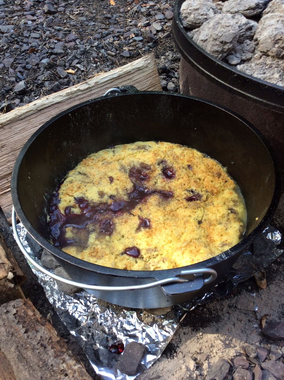 Done, the fruit is bubbling, the cake is golden brown, and looks yummy!