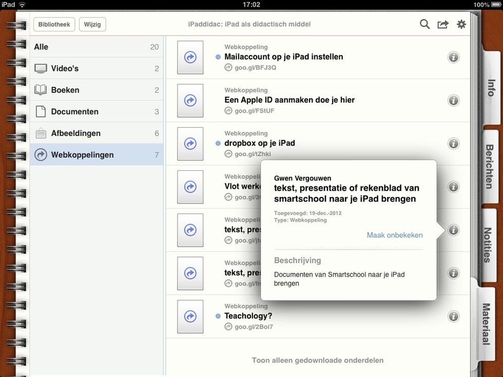 door op de "i" te tappen, bekom je gedetailleerde info over de aangeklikte leerinhoud