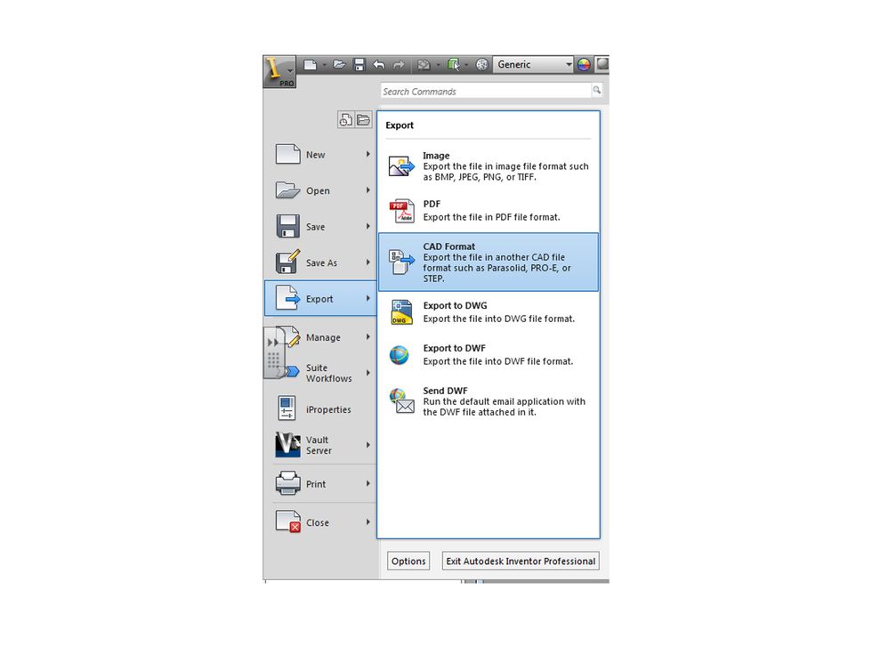 Double check that all your components are correct and save your file. Export your design as a CAD format. Click "I" in the upper left of the Inventor window, choose Export and CAD Format.