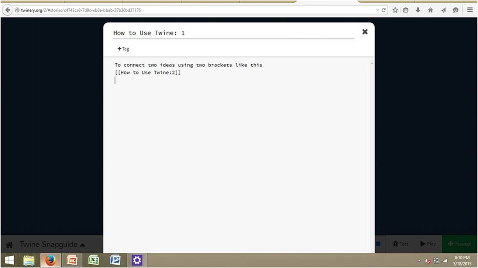 Double click on a box to edit it. Then connect two ideas to each other by putting two brackets around the name of the idea you want to connect.