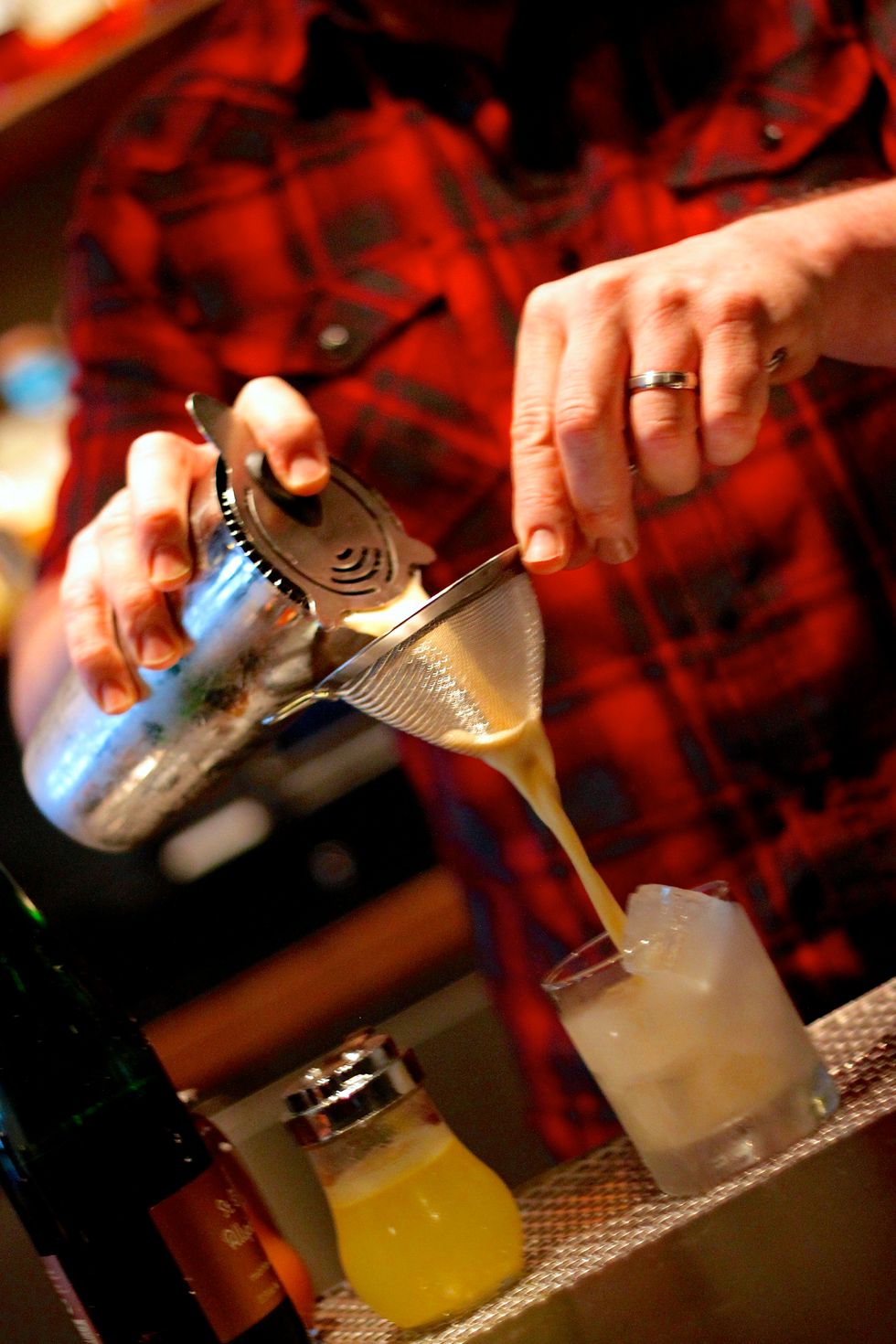 Double strain into an Old fashioned glass and season with some freshly ground white pepper.