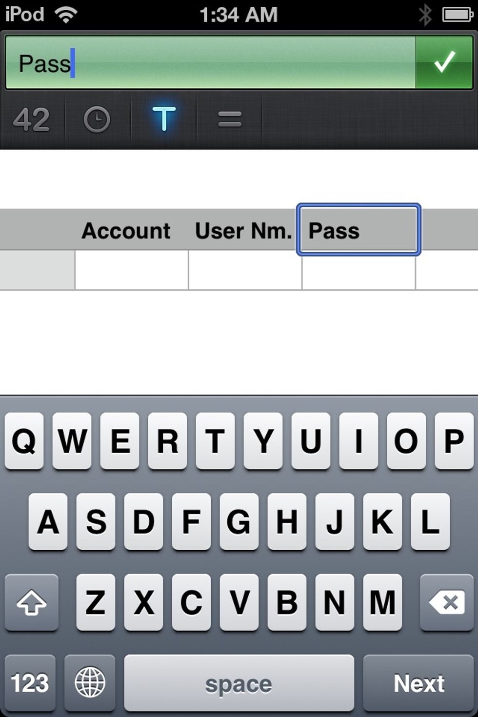 Double tap the next cell. Make sure the "T" is still selected and enter PASSWORD (I shortened mine here also to PASS. Tap the CHECK MARK.