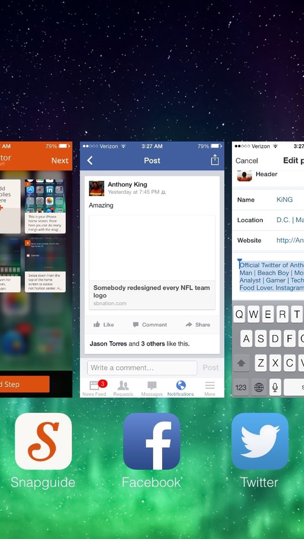 Double tap your home button to access multitasking. This feature allows you to see multiple apps and gives you easy access to stop app tasks and switching from one app to another.