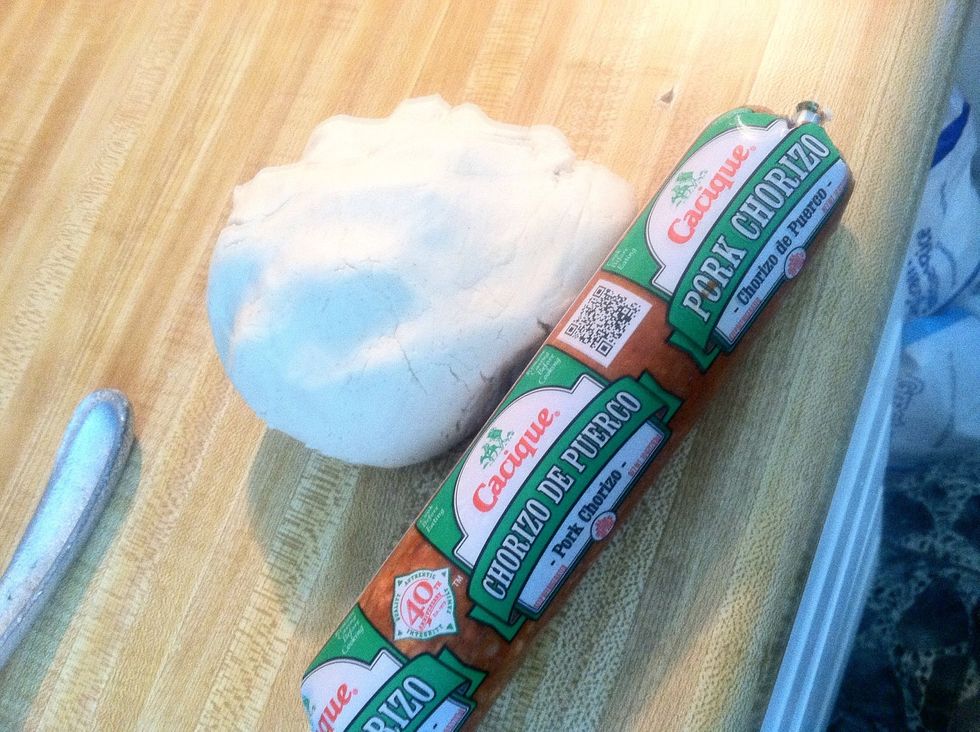 Dough is the same one to make tortillas (see my recipe). Chorizo can be bought at any store.