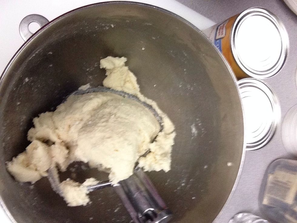 Dough should look like this after cottage cheese has been blended. Dough didn't always pull away, just crape bowl if it doesn't.
