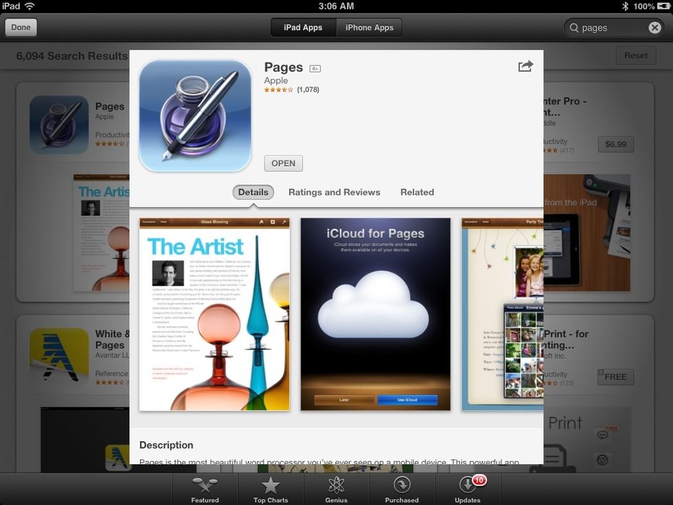 Download PAGES by APPLE from the AppSore ($9.99). Pages is the BEST mobile word processor ever! Buy it, Open it, and let's go!!!
