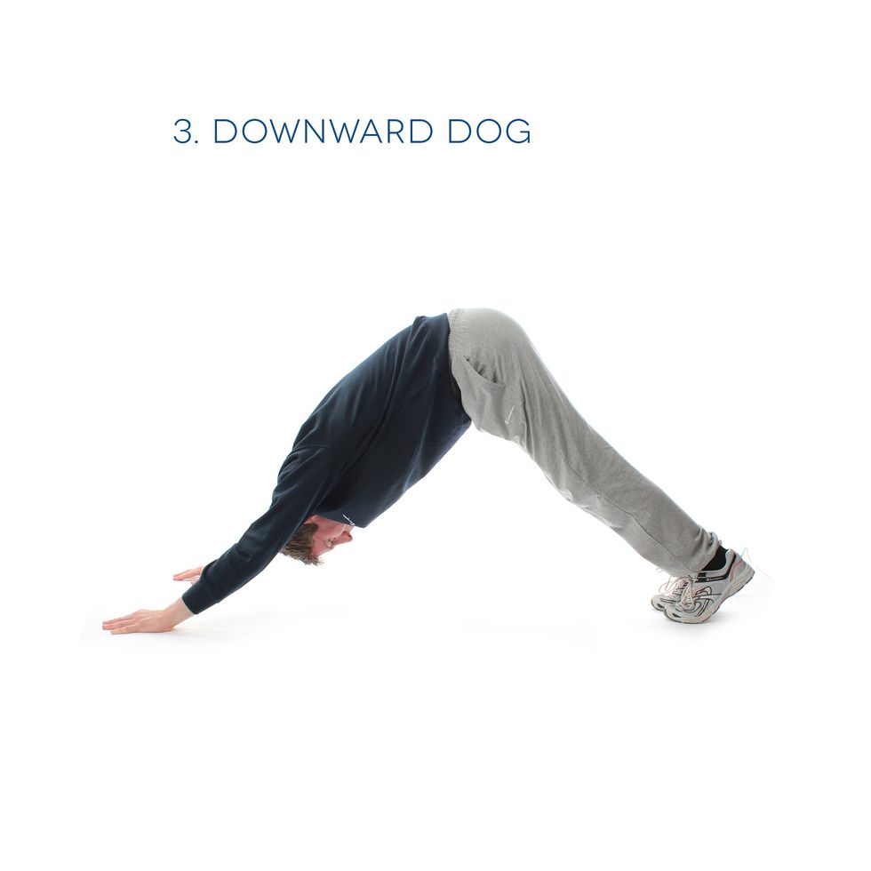 Downward Dog - From a high plank position, move your hips up into an inverted \u2018V\u2019 position. Hold this for 1 minute