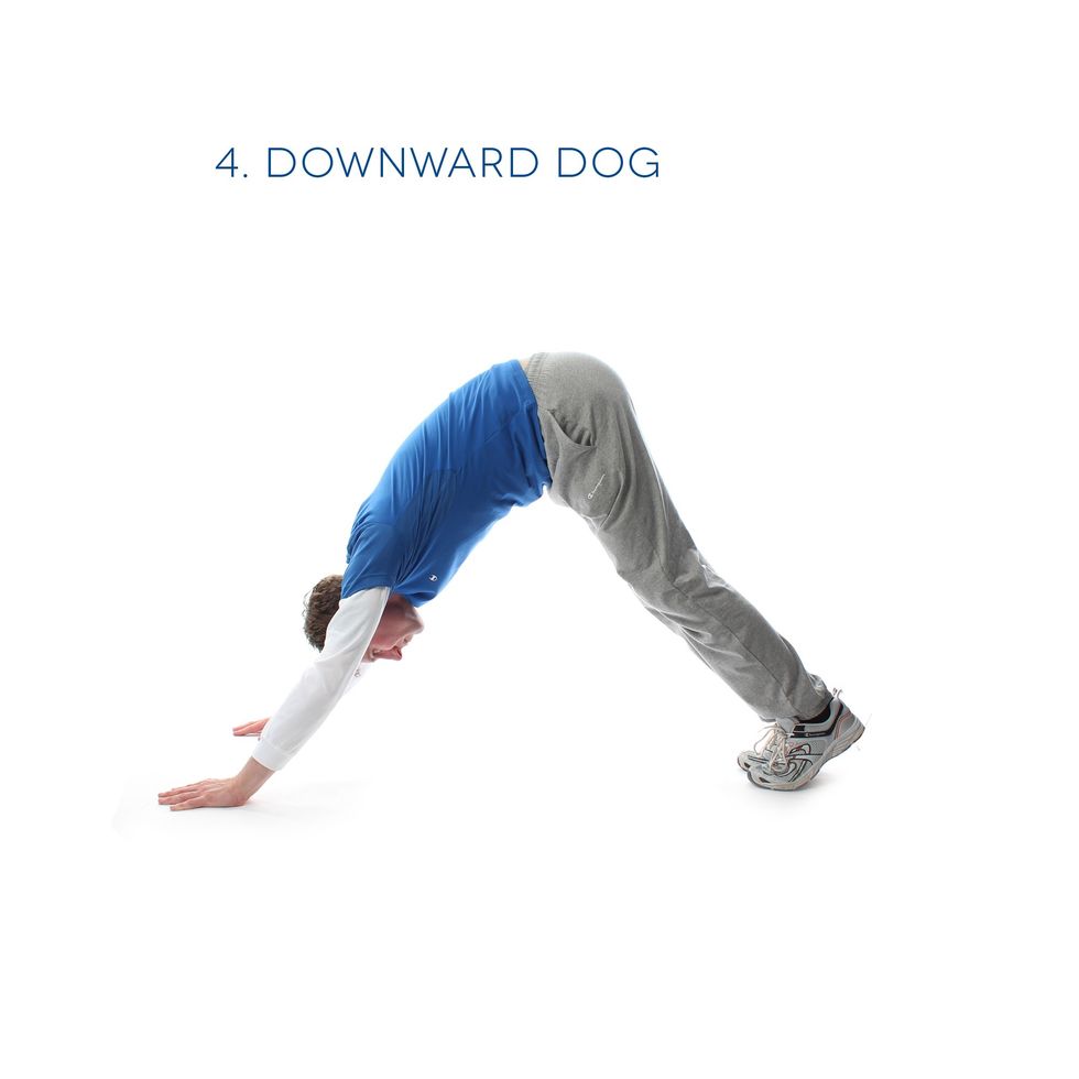 Downward Dog - From the High Plank position, move your hips to an inverted V position. Hold for 1 minute