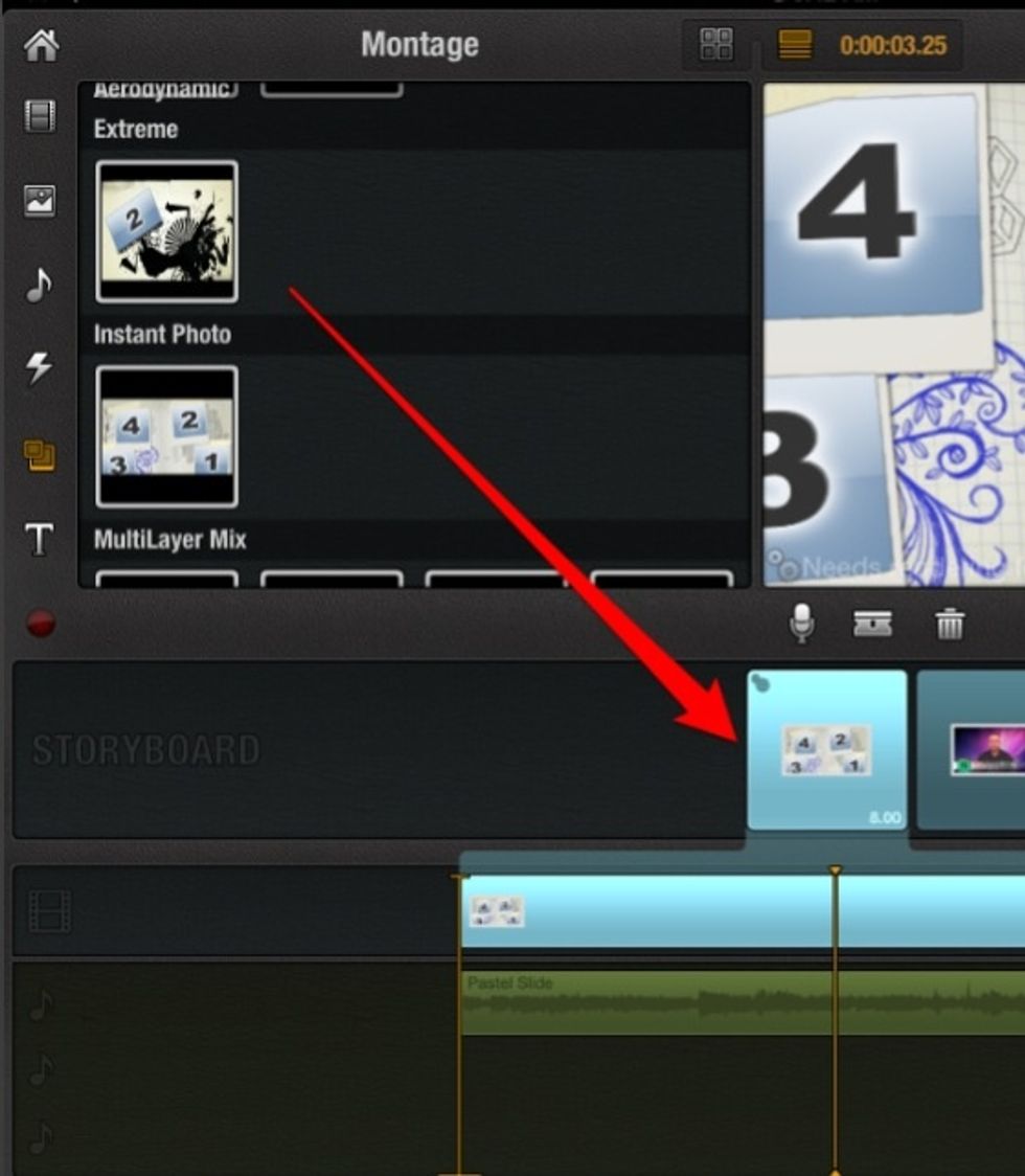 Drag a montage to storyboard/timeline (multiple photos added to a single clip).