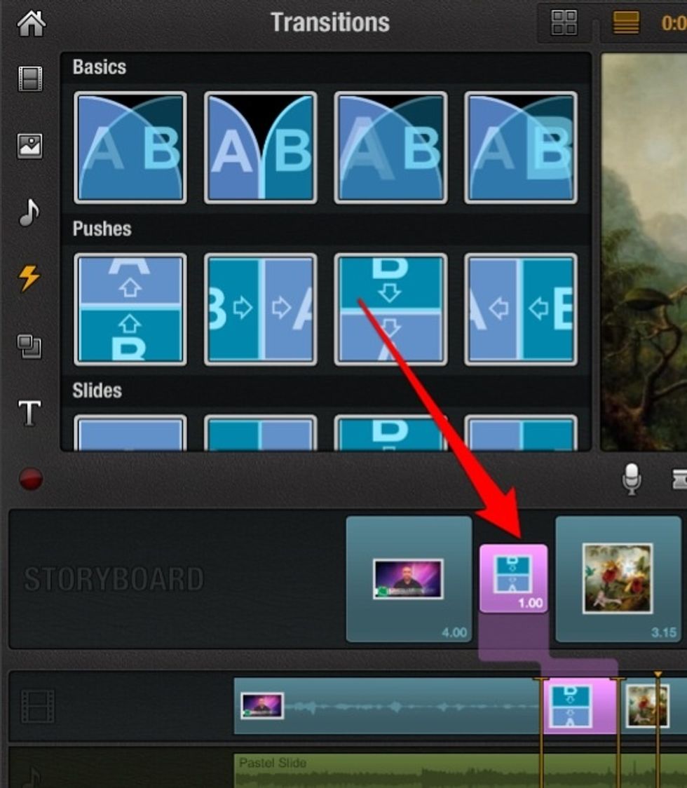 Drag a transition to storyboard/timeline. They consist of basics, pushes, and slides.