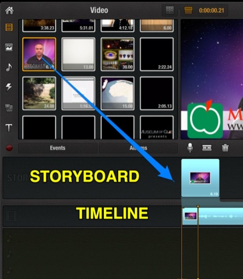 Drag a video clip from your library to the storyboard (it also appears on the timeline).