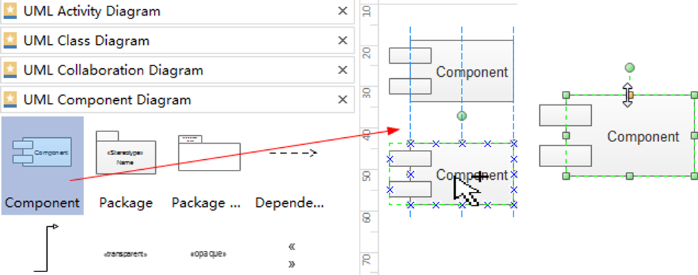 Drag and drop shapes from the left libraries. Click the library title to switch to different libraries. Drag the green square handles to resize shapes.